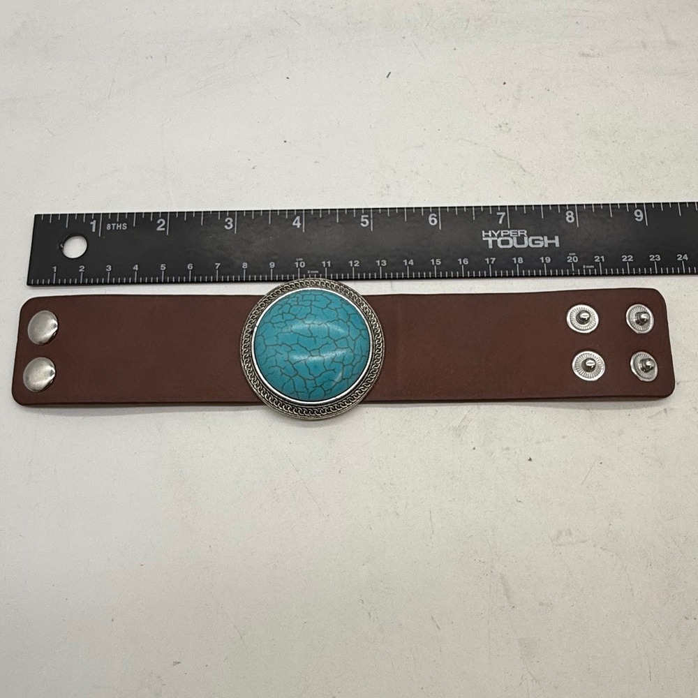Western Brown Faux Leather Cuff Bracelet Large Faux Turquoise Stone Silver Tone